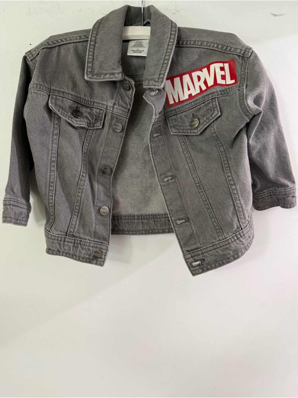 Marvel Kids Gray Denim Jacket with Red Logo and Back Print Size 3T
